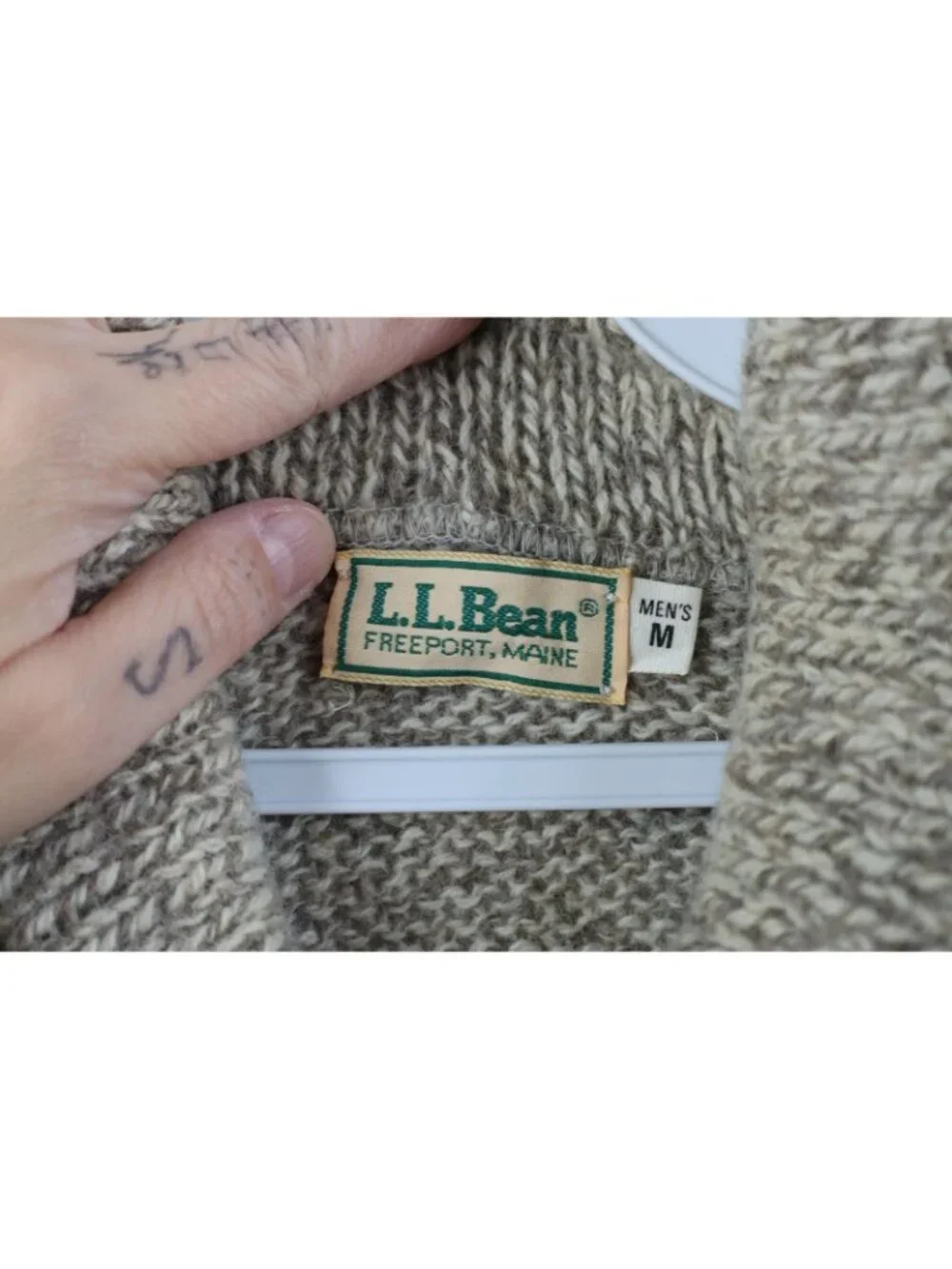Vintage 70s LL Bean Mens Medium Blank Wool Blend Knit Shawl Sweater Beige USA